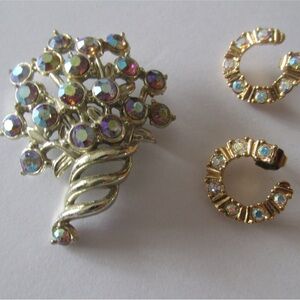 Aurora Borealis Crystal Bouquet Brooch and Earring Set Retro Jewelry
